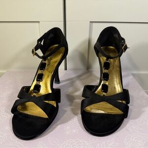 Dressbarn Black and Gold diamond open toe Heels with straps and buckles